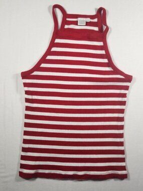Twik Simons Red White Striped High Neck Halter Ribbed Tank Top Medium